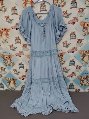 Citrus Light Blue Boho Maxi Ranch Dress with Lace Trim Size Small